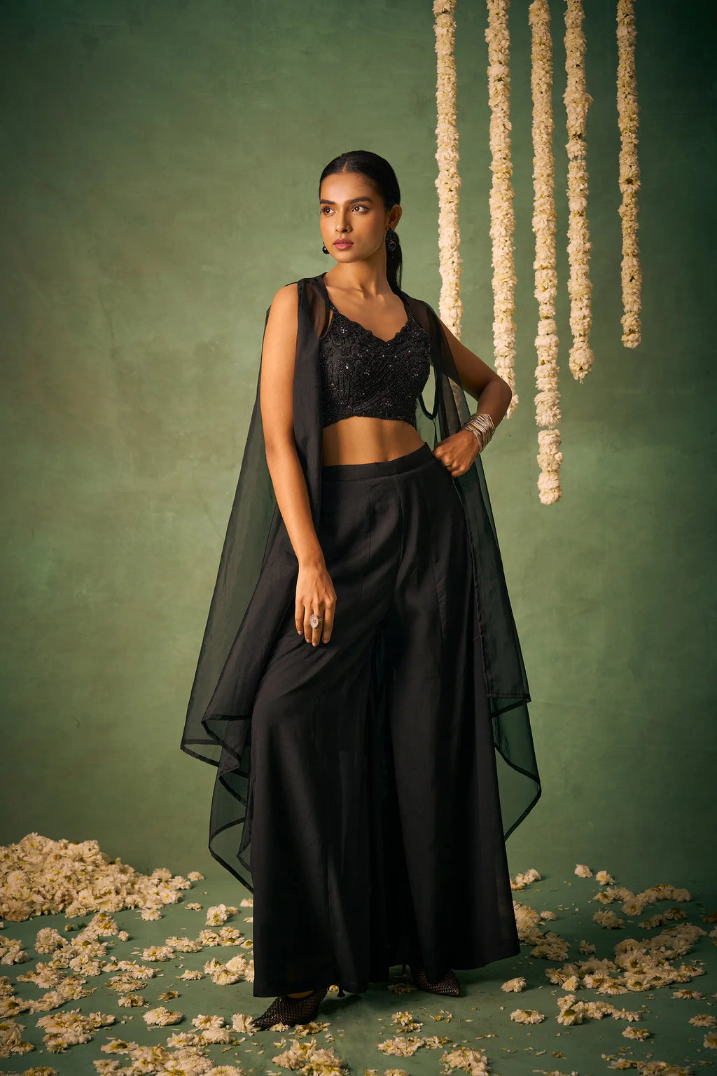 Black Indo Western Khatli Work Blouse With Sharara And Cap