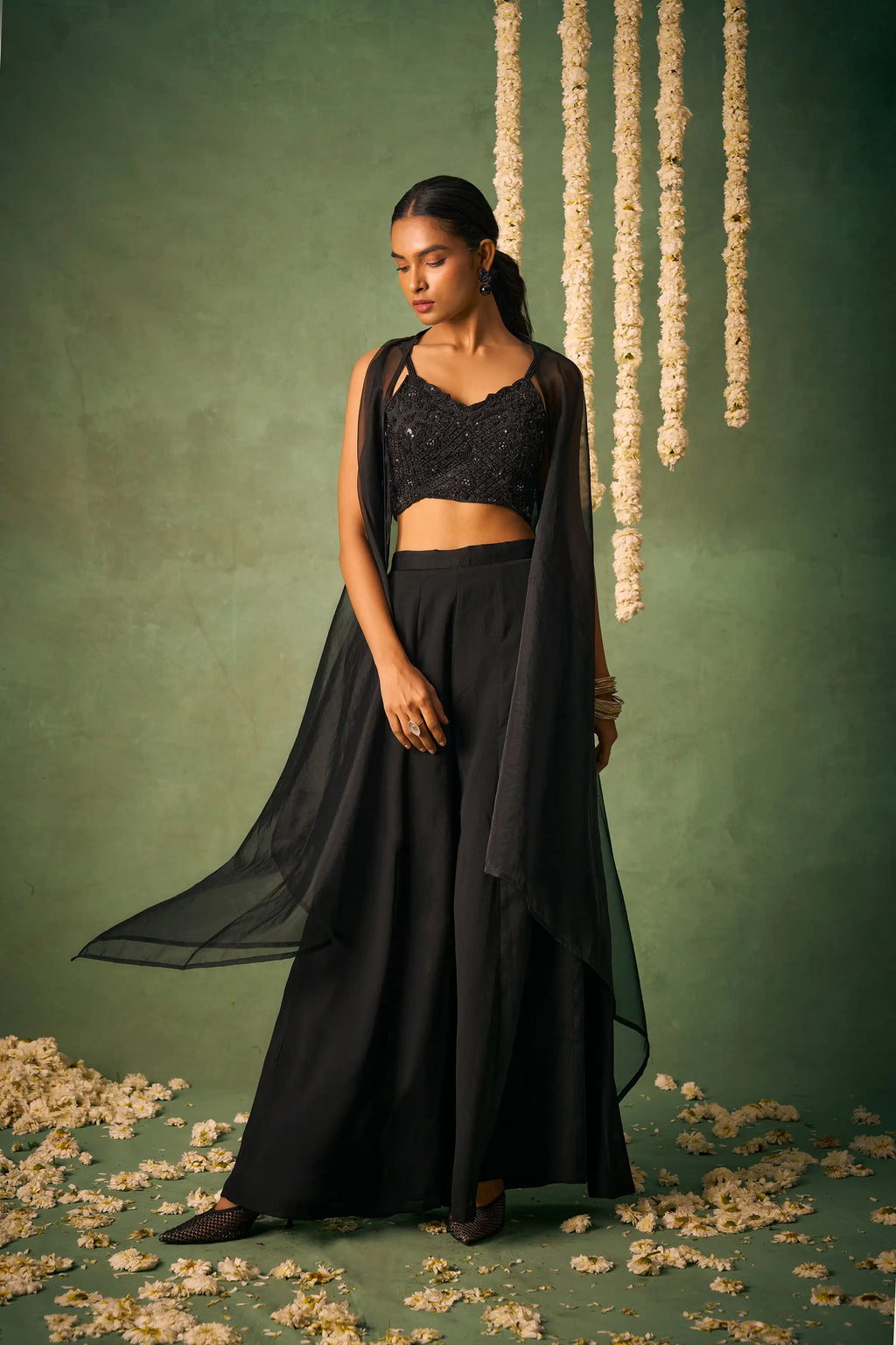 Black Indo Western Khatli Work Blouse With Sharara And Cap