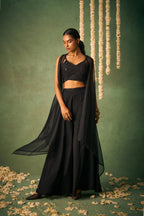 Black Indo Western Khatli Work Blouse With Sharara And Cap