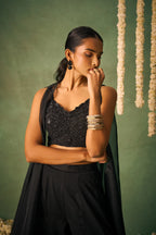 Black Indo Western Khatli Work Blouse With Sharara And Cap