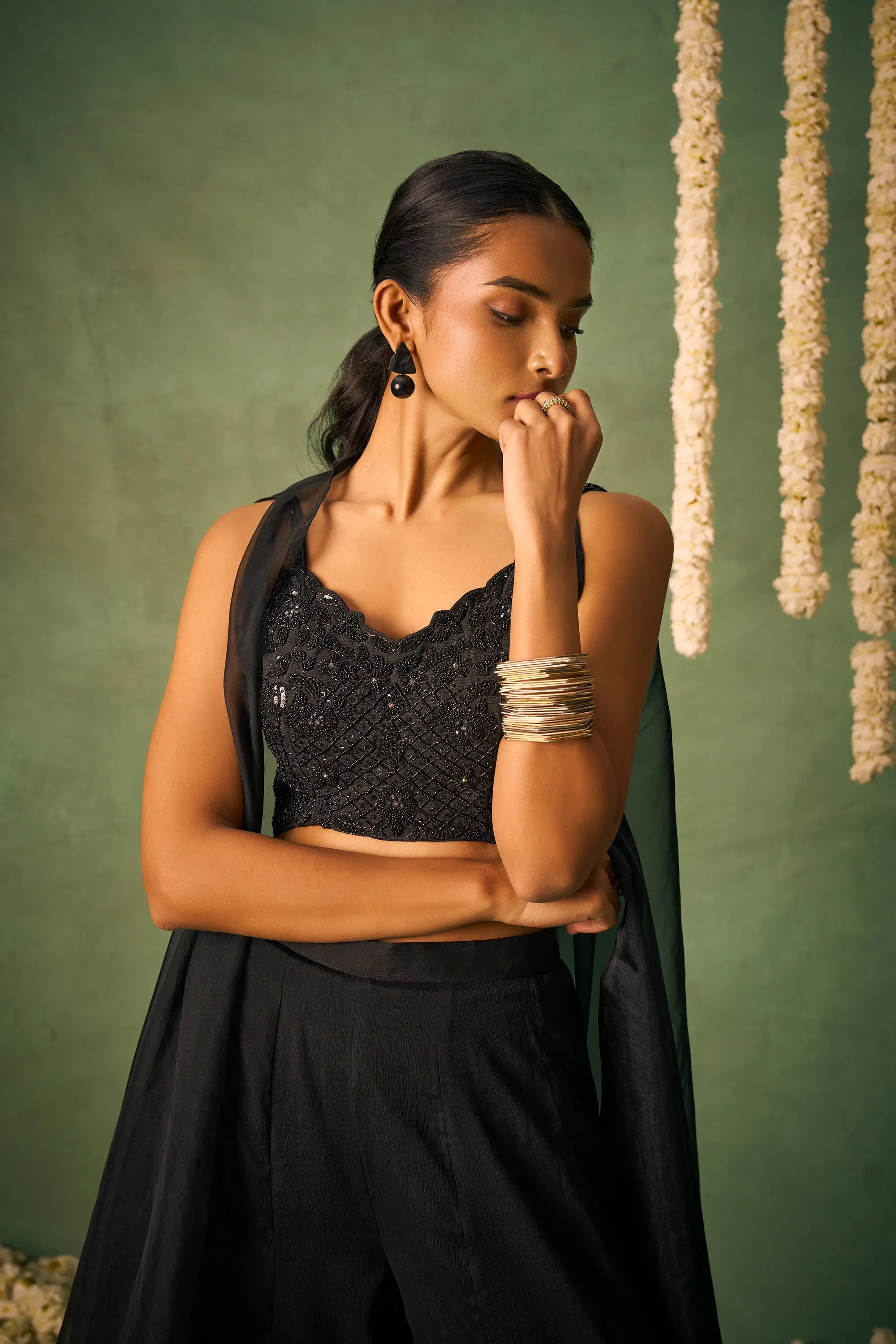 Black Indo Western Khatli Work Blouse With Sharara And Cap