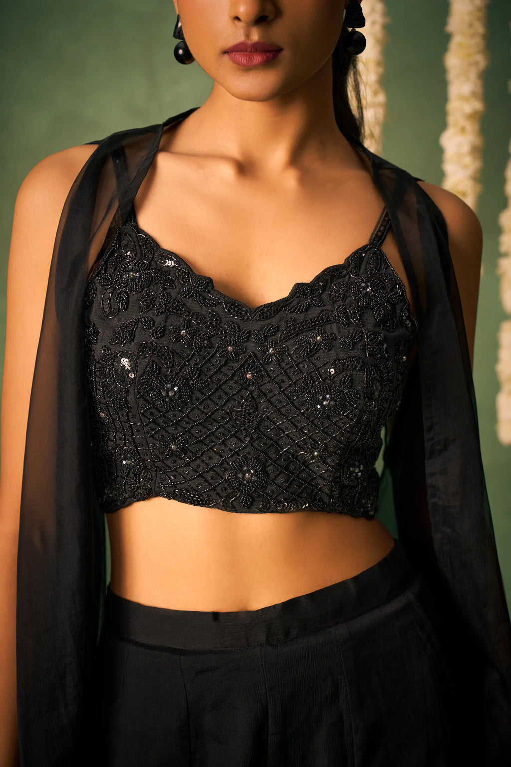 Black Indo Western Khatli Work Blouse With Sharara And Cap