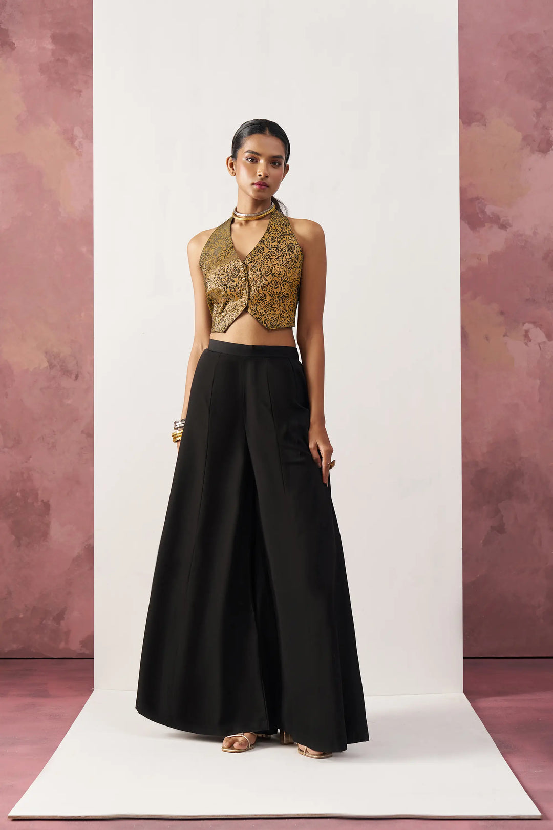 Black Jacquard Waistcoat And Palazzo Indo Western Co-ord Set - qivii