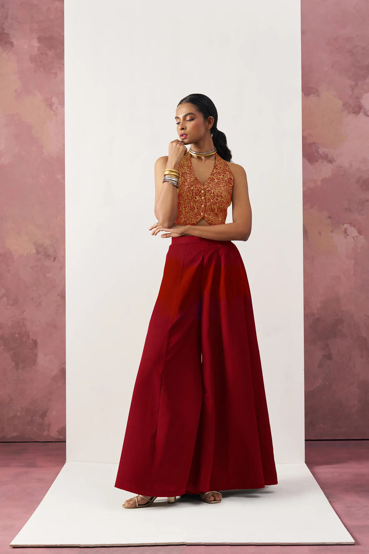 Maroon Red Jacquard Waistcoat And Palazzo Indo Western Co-ord Set - qivii