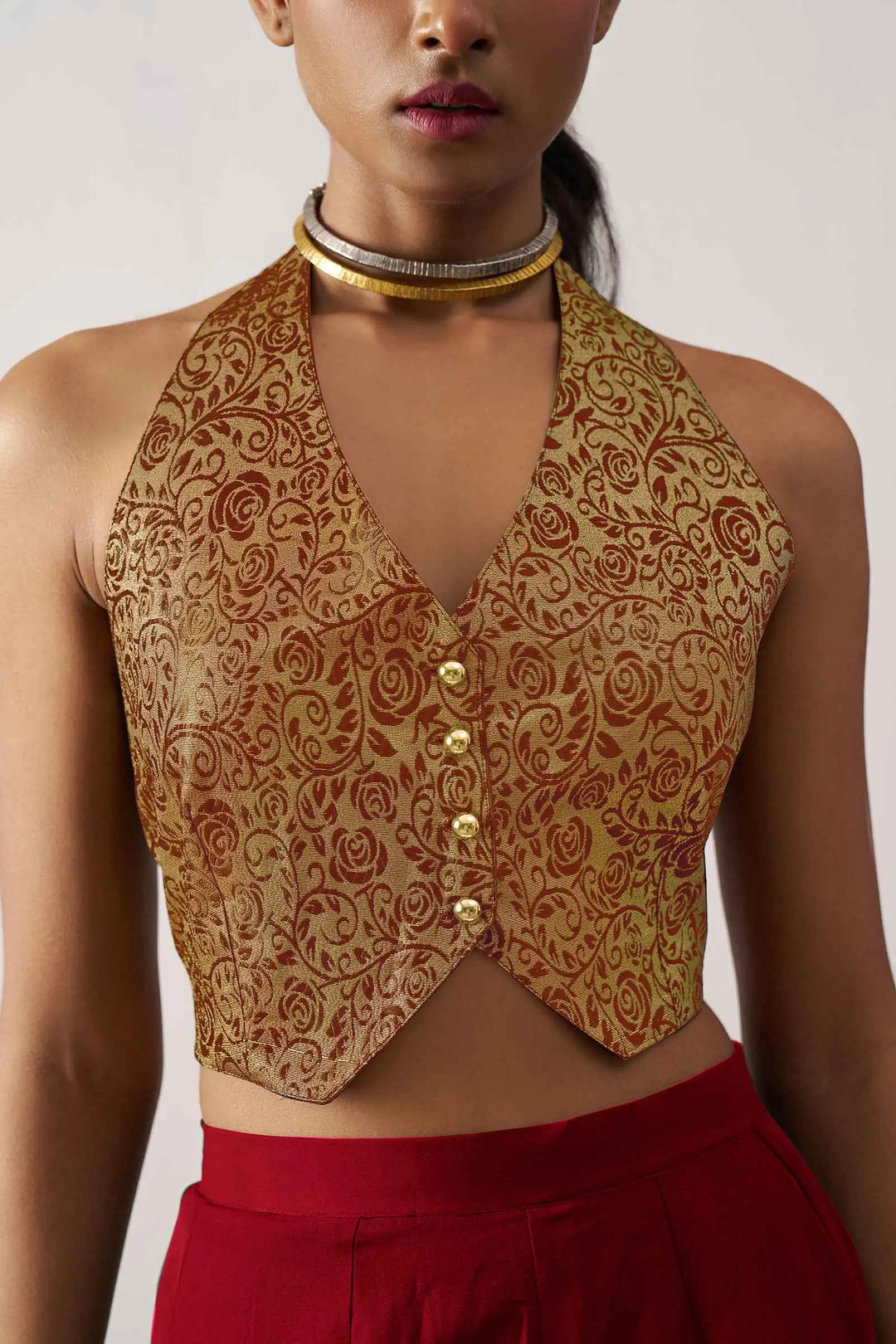 Maroon Red Jacquard Waistcoat And Palazzo Indo Western Co-ord Set - qivii