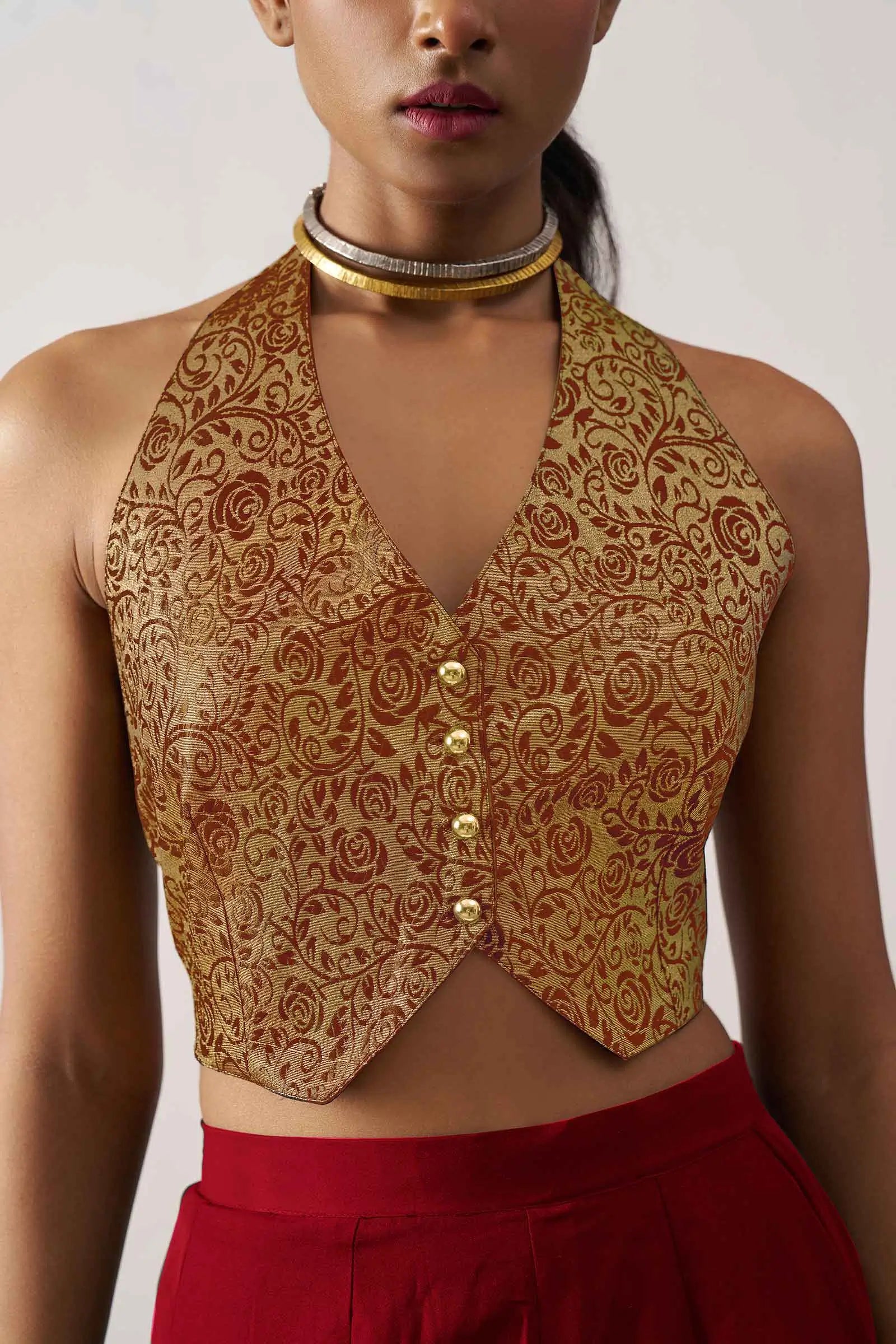 Maroon Red Jacquard Waistcoat And Palazzo Indo Western Co-ord Set