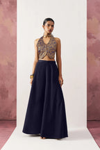 Navy Blue Jacquard Waistcoat And Palazzo Indo Western Co-ord Set