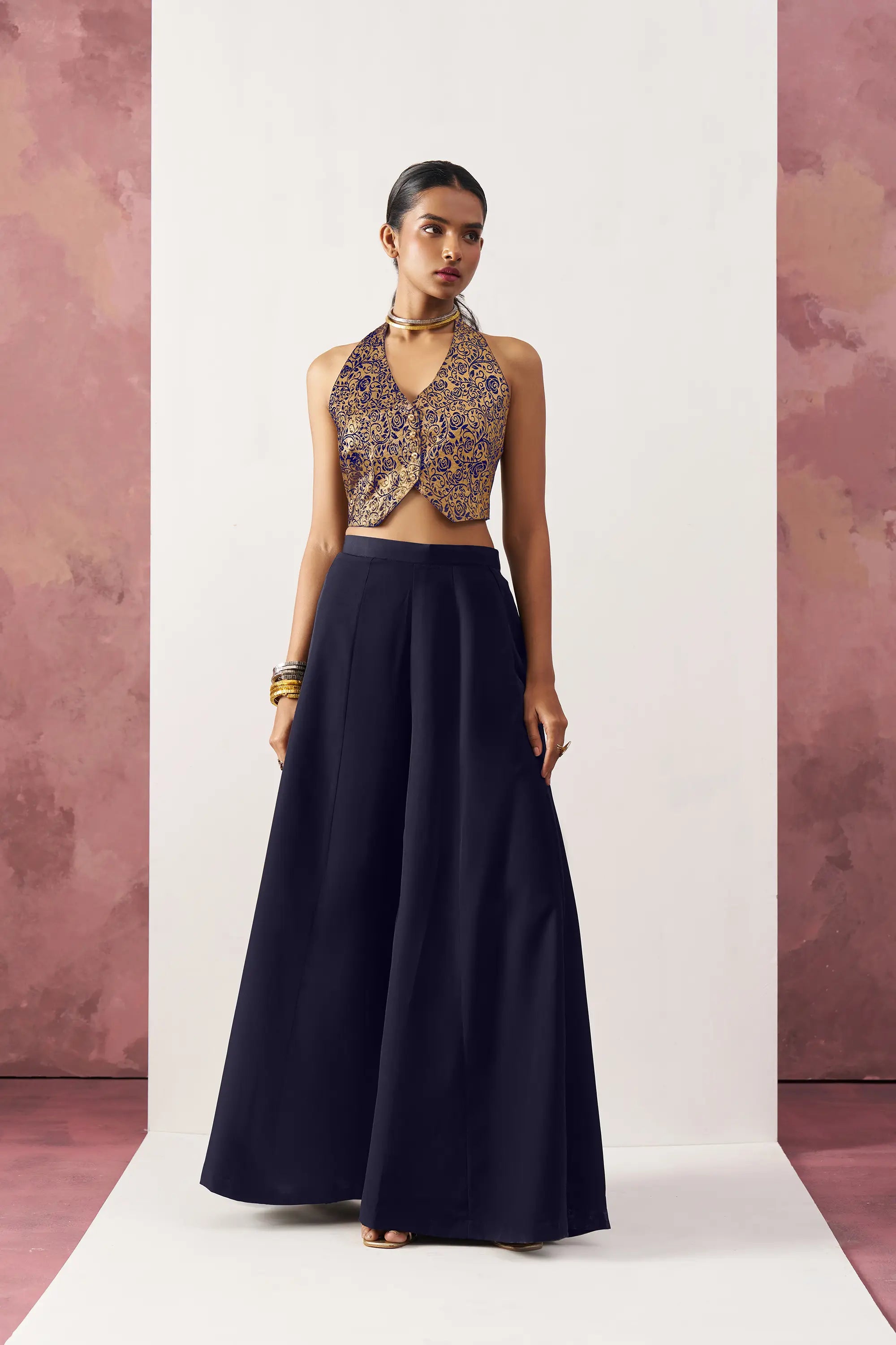 Navy Blue Jacquard Waistcoat And Palazzo Indo Western Co-ord Set