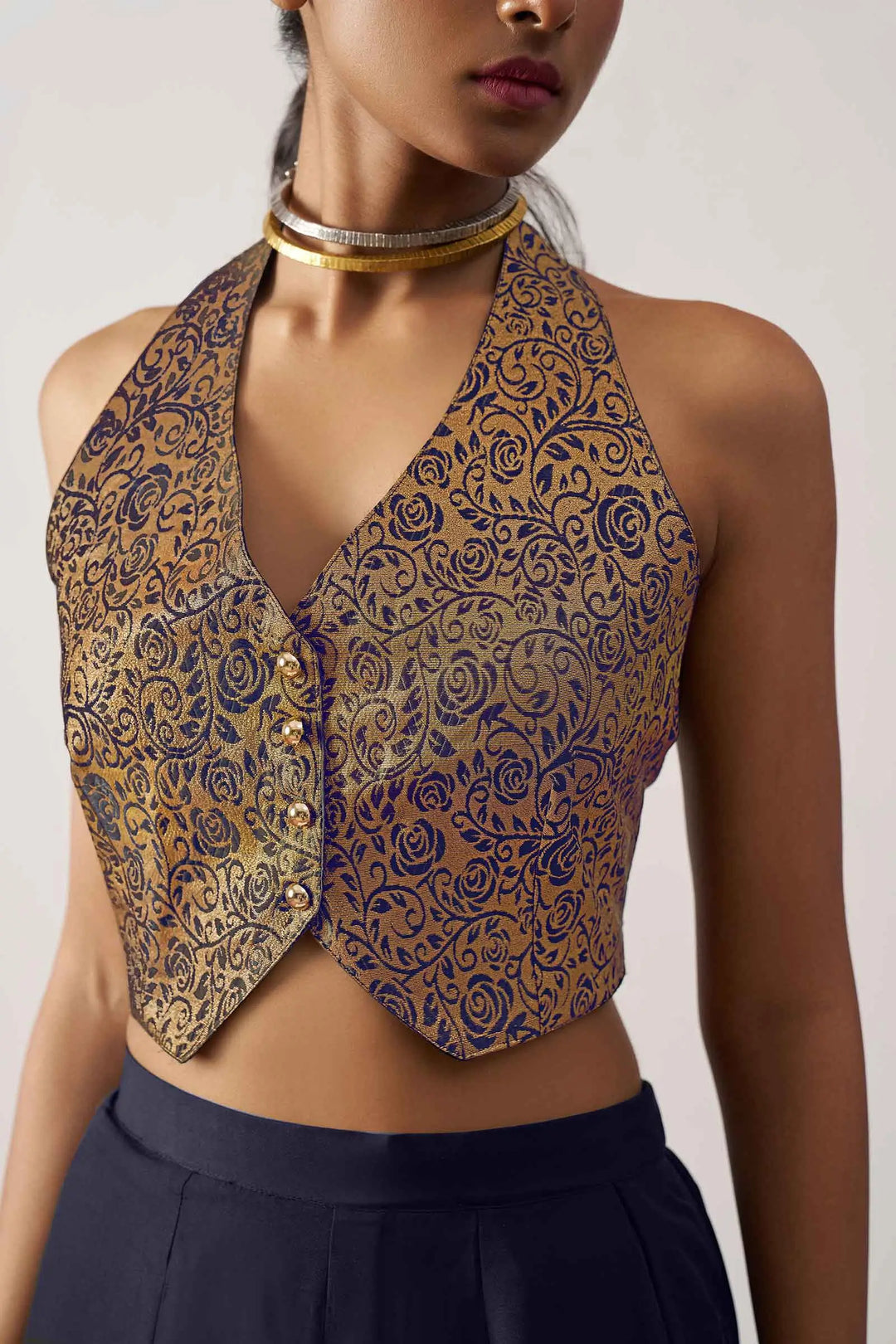 Navy Blue Jacquard Waistcoat And Palazzo Indo Western Co-ord Set - qivii