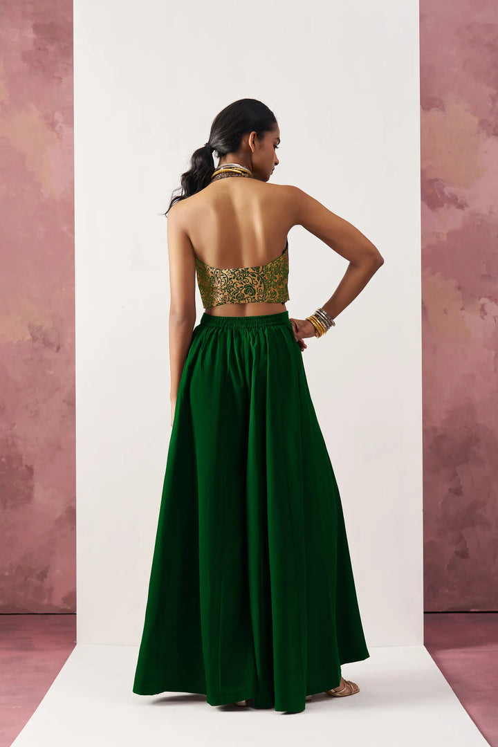 Green Jacquard Waistcoat And Palazzo Indo Western Co-ord Set - qivii
