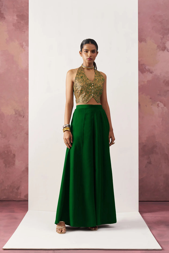 Green Jacquard Waistcoat And Palazzo Indo Western Co-ord Set - qivii