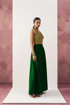 Green Jacquard Waistcoat And Palazzo Indo Western Co-ord Set