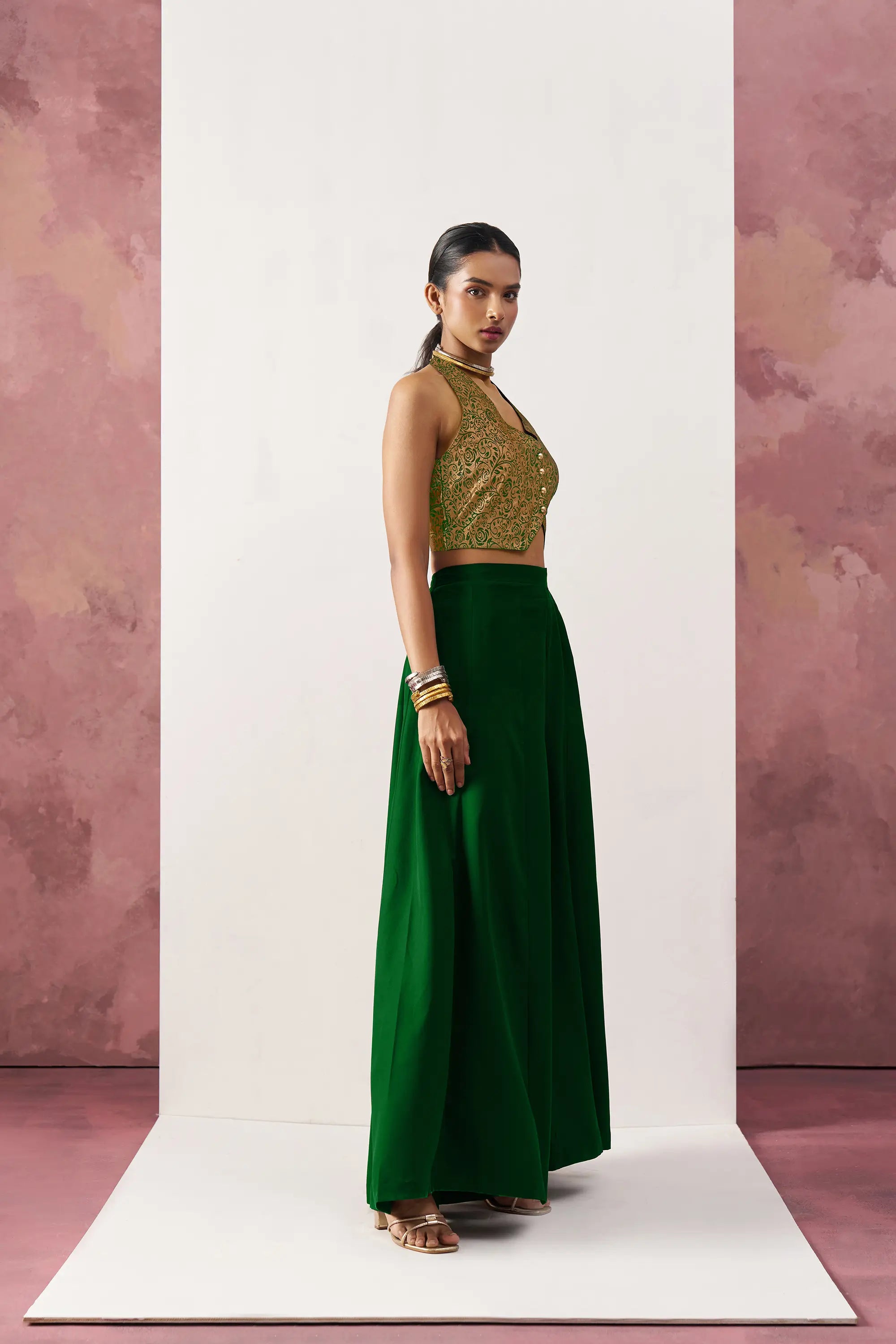 Green Jacquard Waistcoat And Palazzo Indo Western Co-ord Set