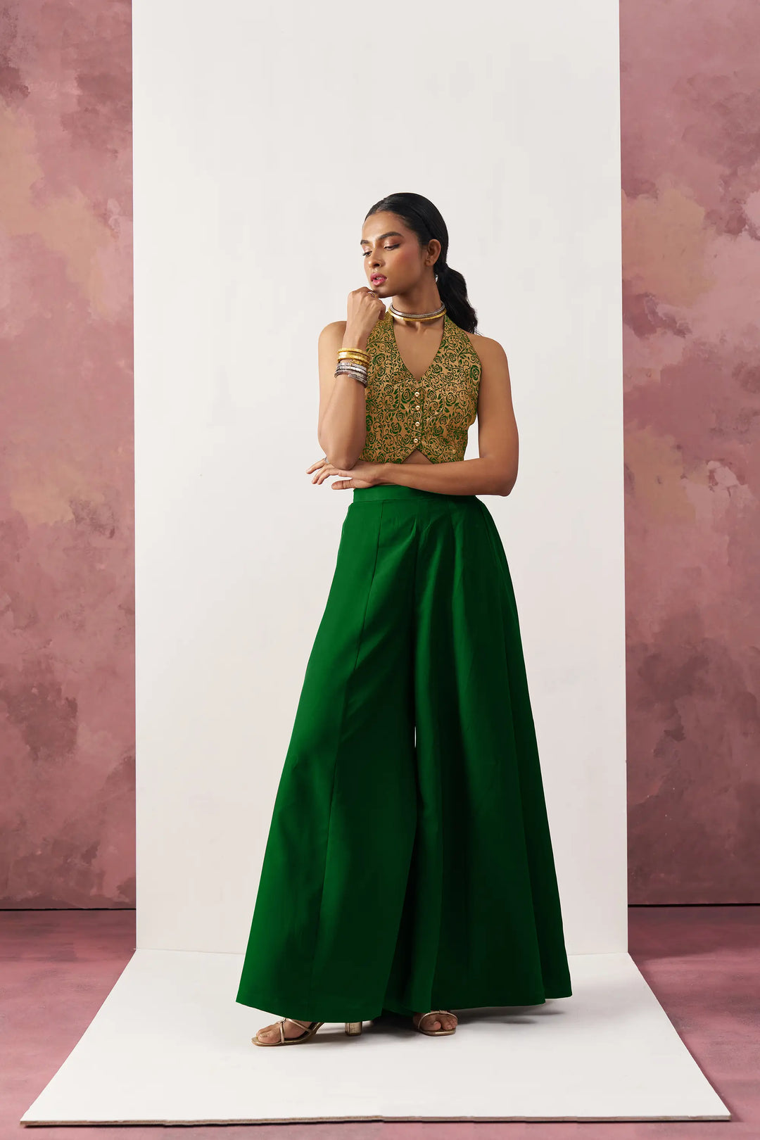Green Jacquard Waistcoat And Palazzo Indo Western Co-ord Set - qivii
