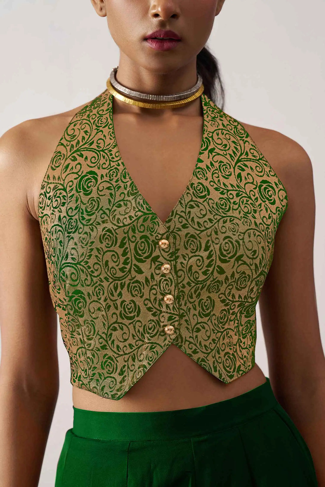 Green Jacquard Waistcoat And Palazzo Indo Western Co-ord Set - qivii