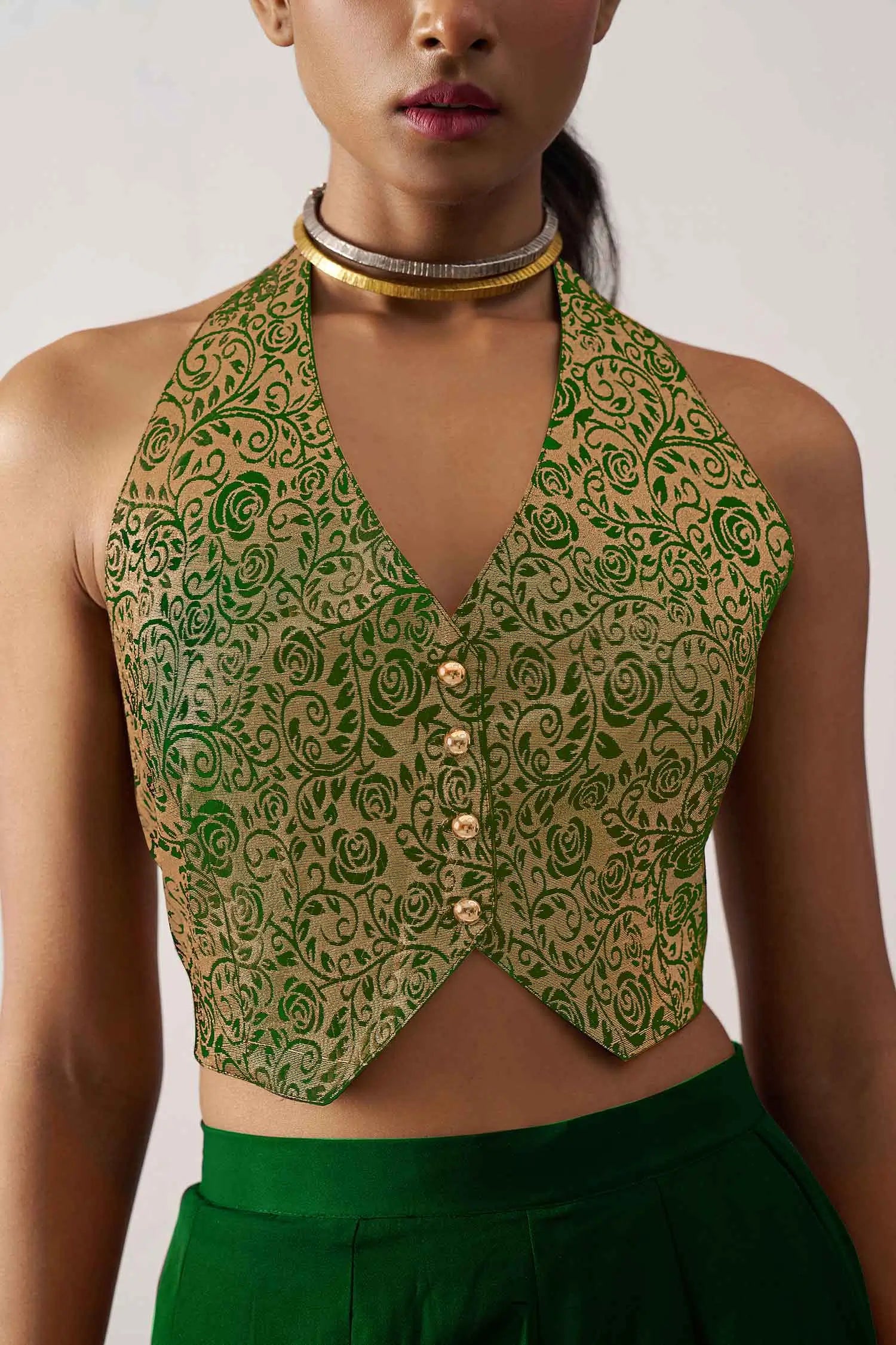 Green Jacquard Waistcoat And Palazzo Indo Western Co-ord Set