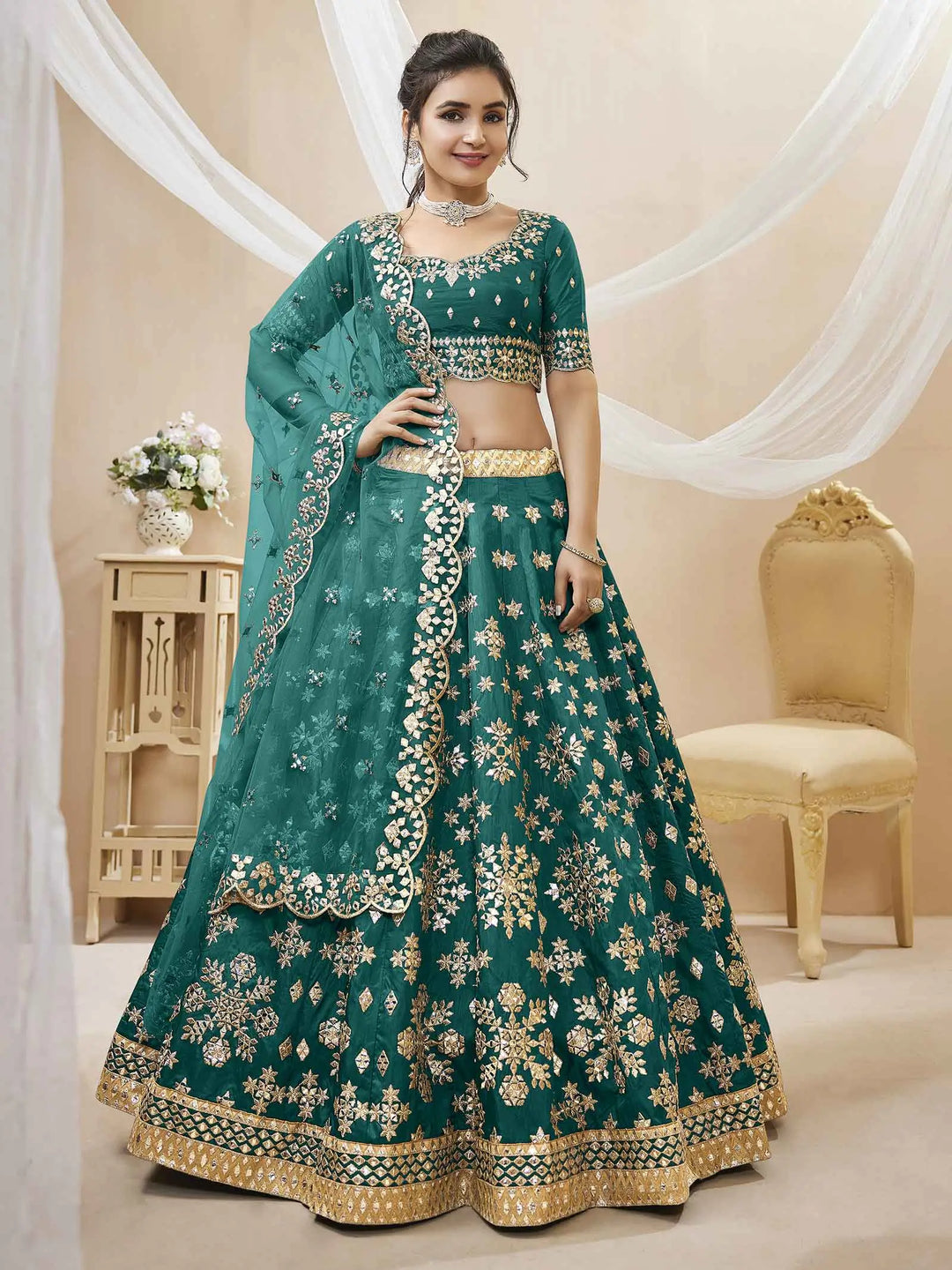 Green Art Silk lehenga With Sequins Zari Embroidered Work | Ready To Wear - qivii