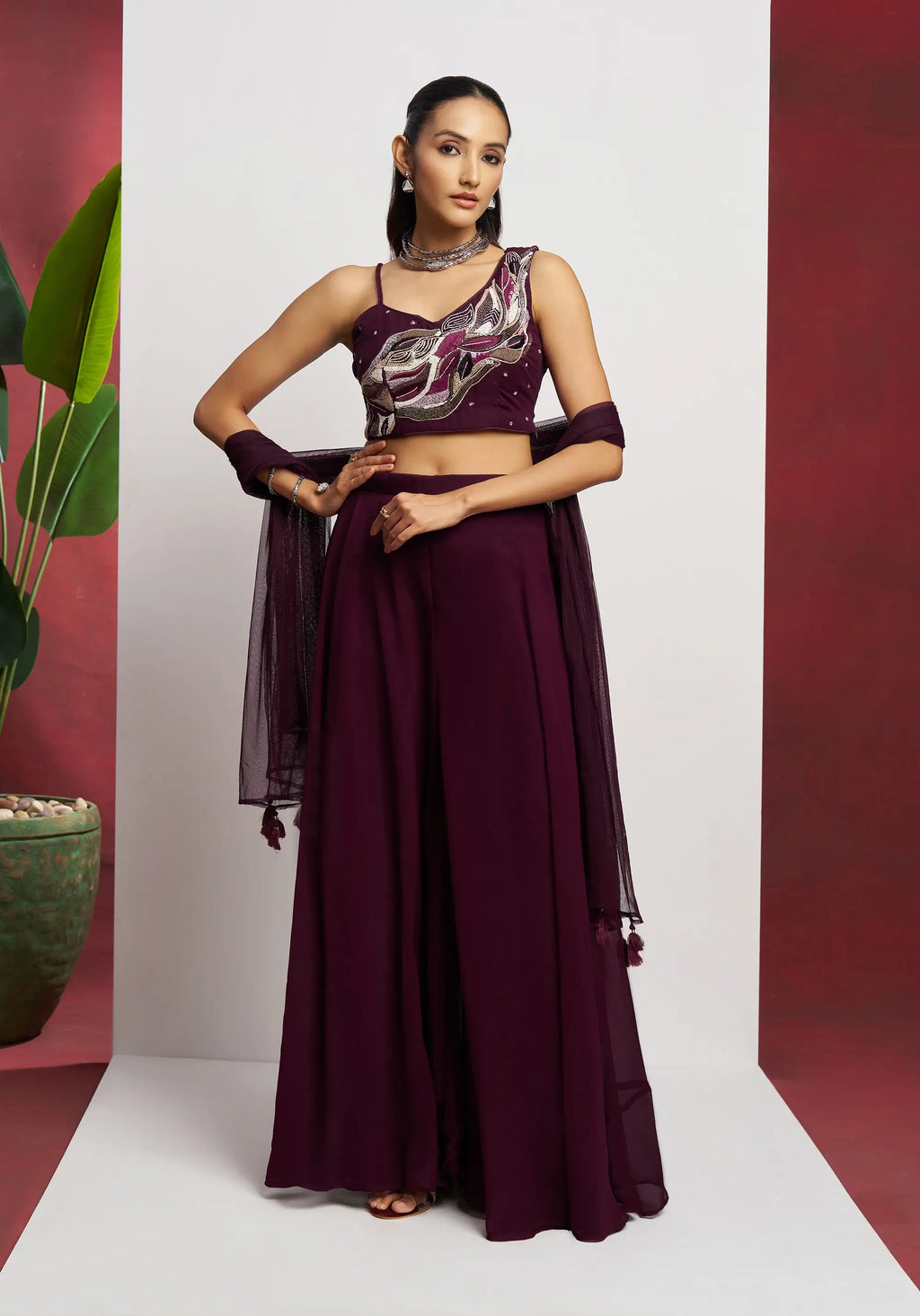Wine Hand Work Party wear Indo Western Sharara Set With Dupatta