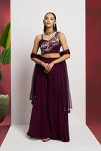 Wine Hand Work Party wear Indo Western Sharara Set With Dupatta