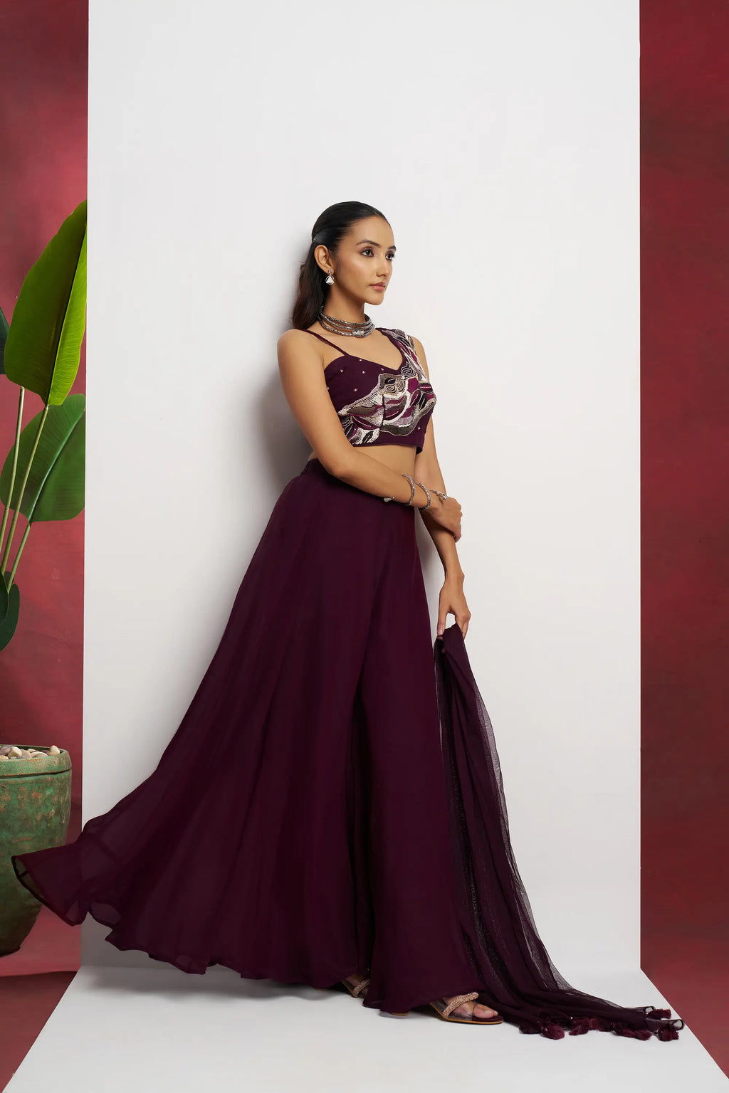 Wine Hand Work Party wear Indo Western Sharara Set With Dupatta