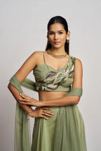 Party wear Light Olive Green Hand Work Indo Western Sharara Set With Dupatta