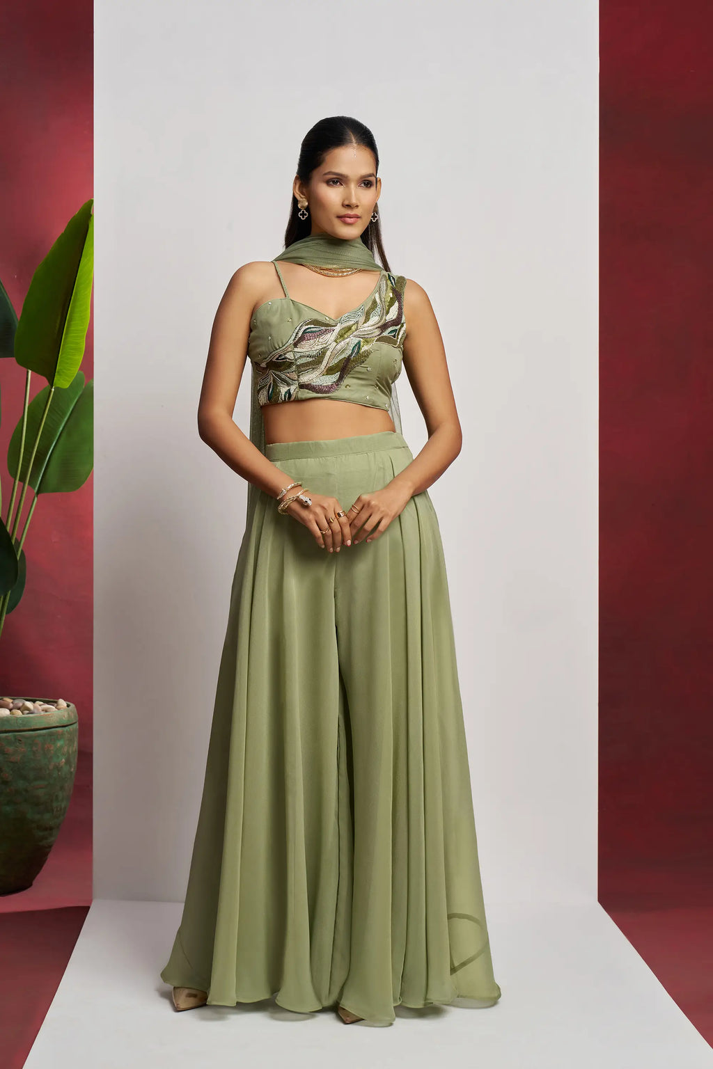 Party wear Light Olive Green Hand Work Indo Western Sharara Set With Dupatta
