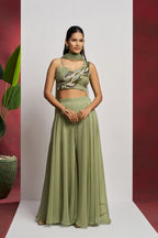 Party wear Light Olive Green Hand Work Indo Western Sharara Set With Dupatta
