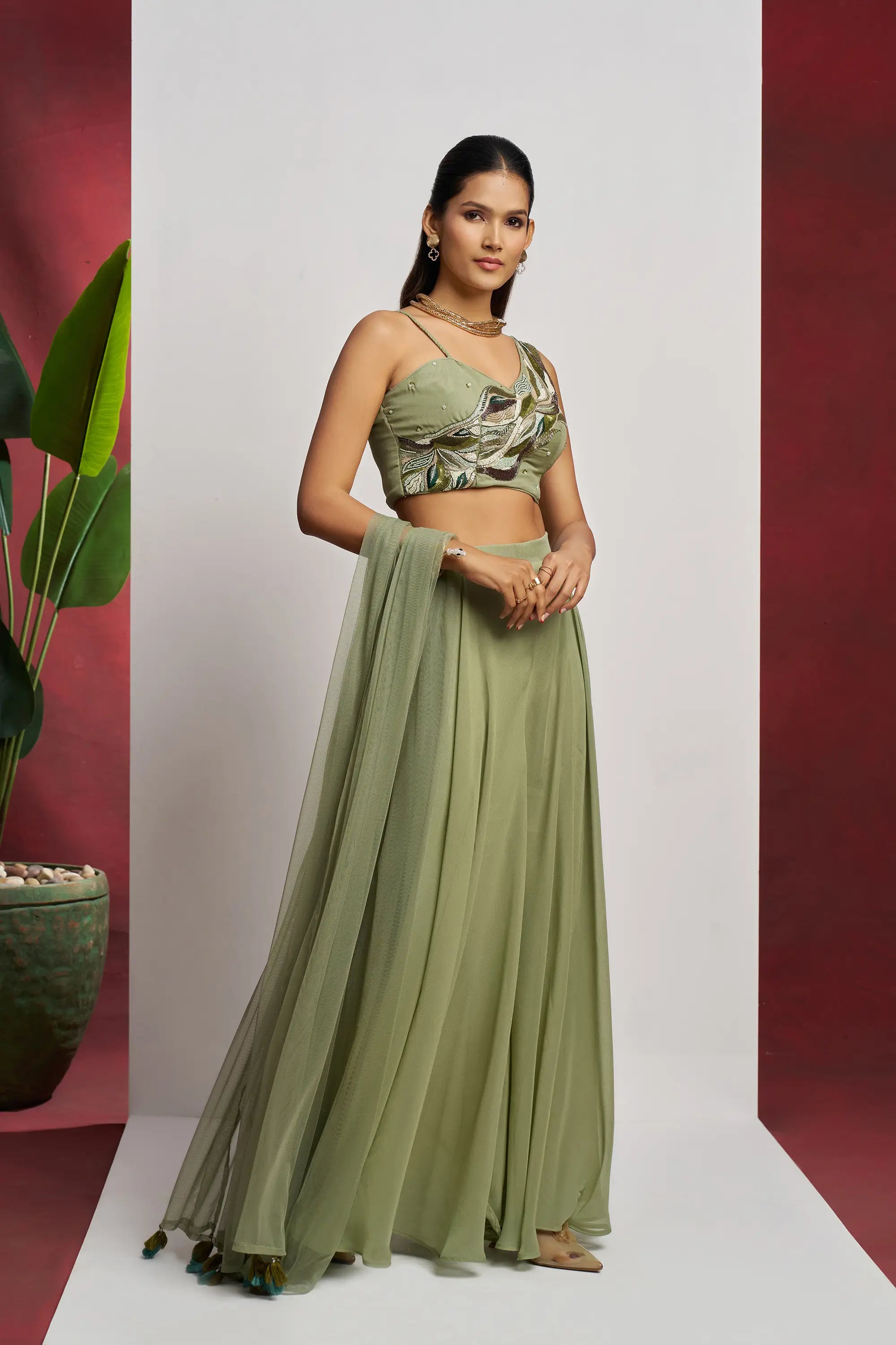Party wear Light Olive Green Hand Work Indo Western Sharara Set With Dupatta