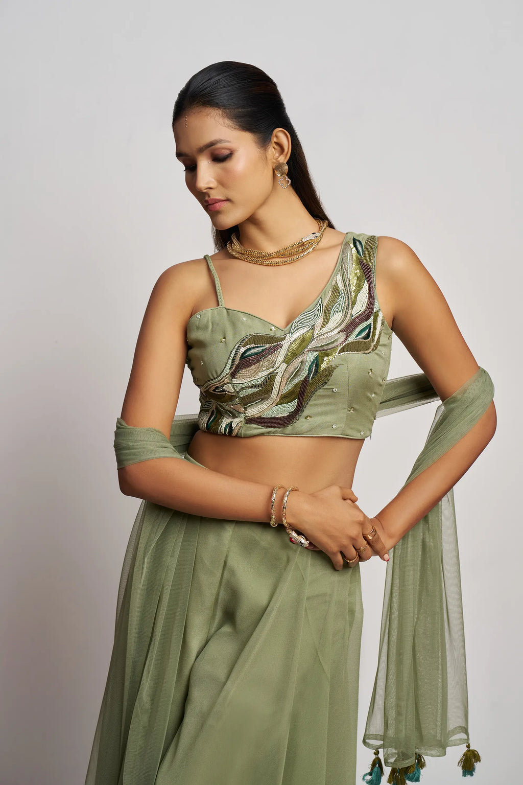 Party wear Light Olive Green Hand Work Indo Western Sharara Set With Dupatta