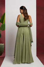 Party wear Light Olive Green Hand Work Indo Western Sharara Set With Dupatta