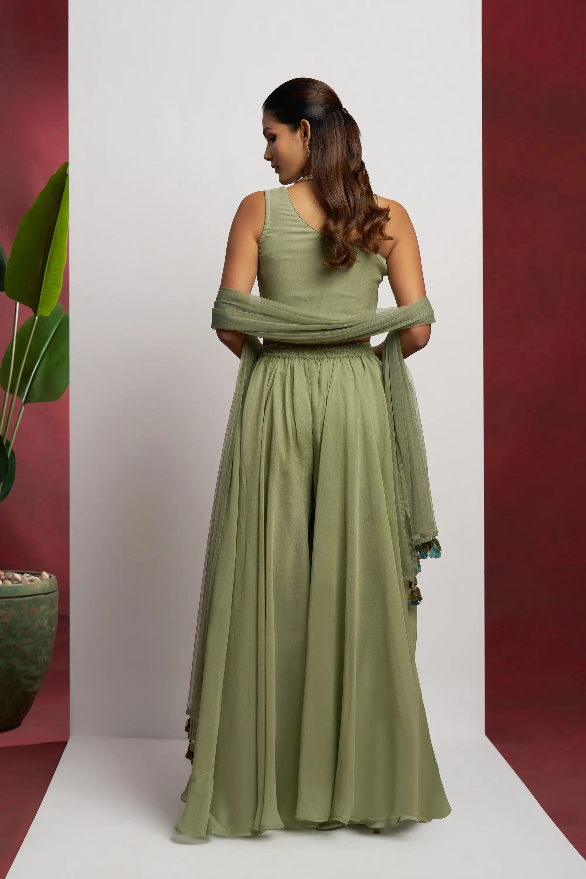 Party wear Light Olive Green Hand Work Indo Western Sharara Set With Dupatta