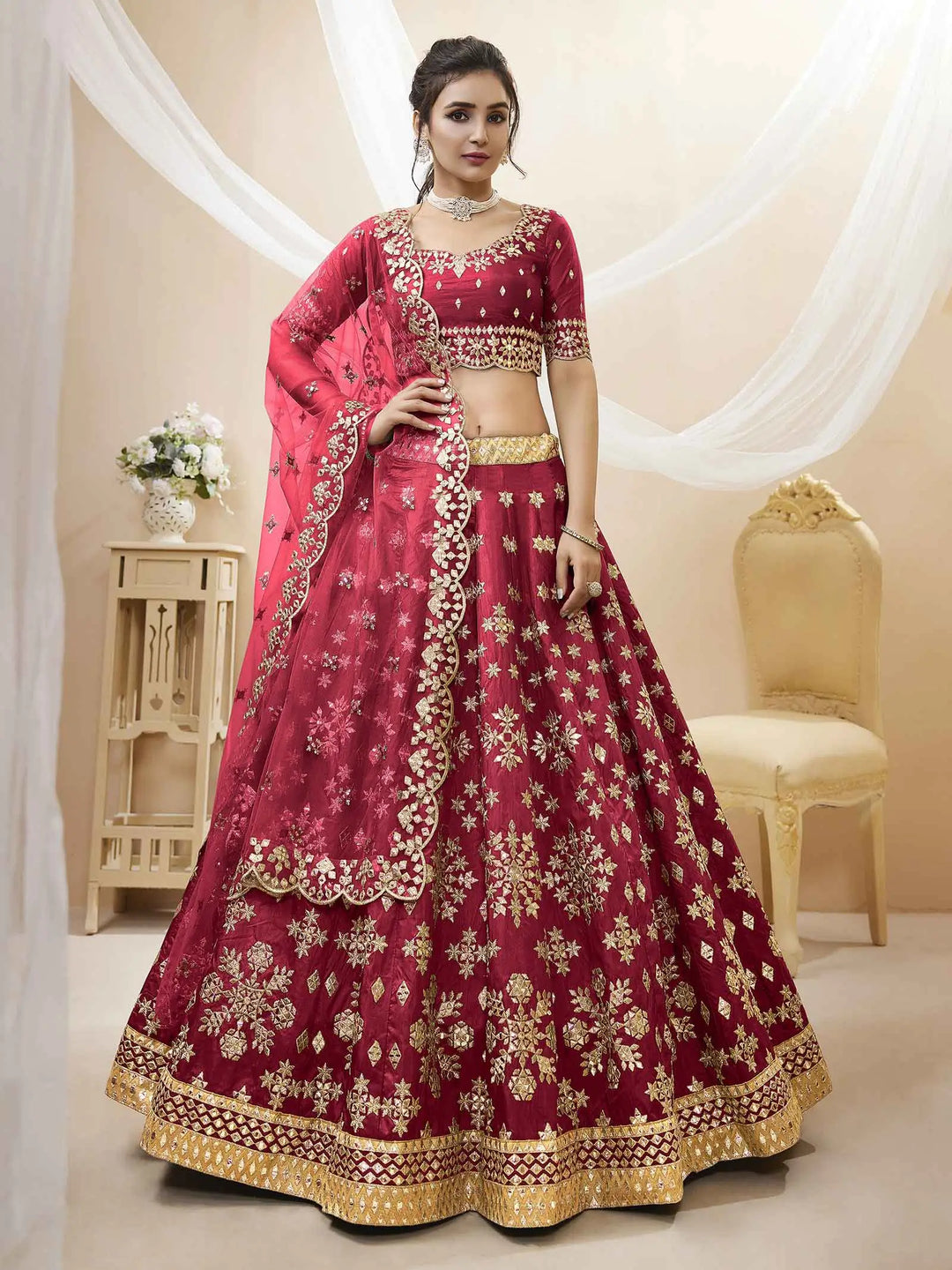 Red Art Silk lehenga With Sequins Zari Embroidered Work With Dupatta | Ready To Wear - qivii