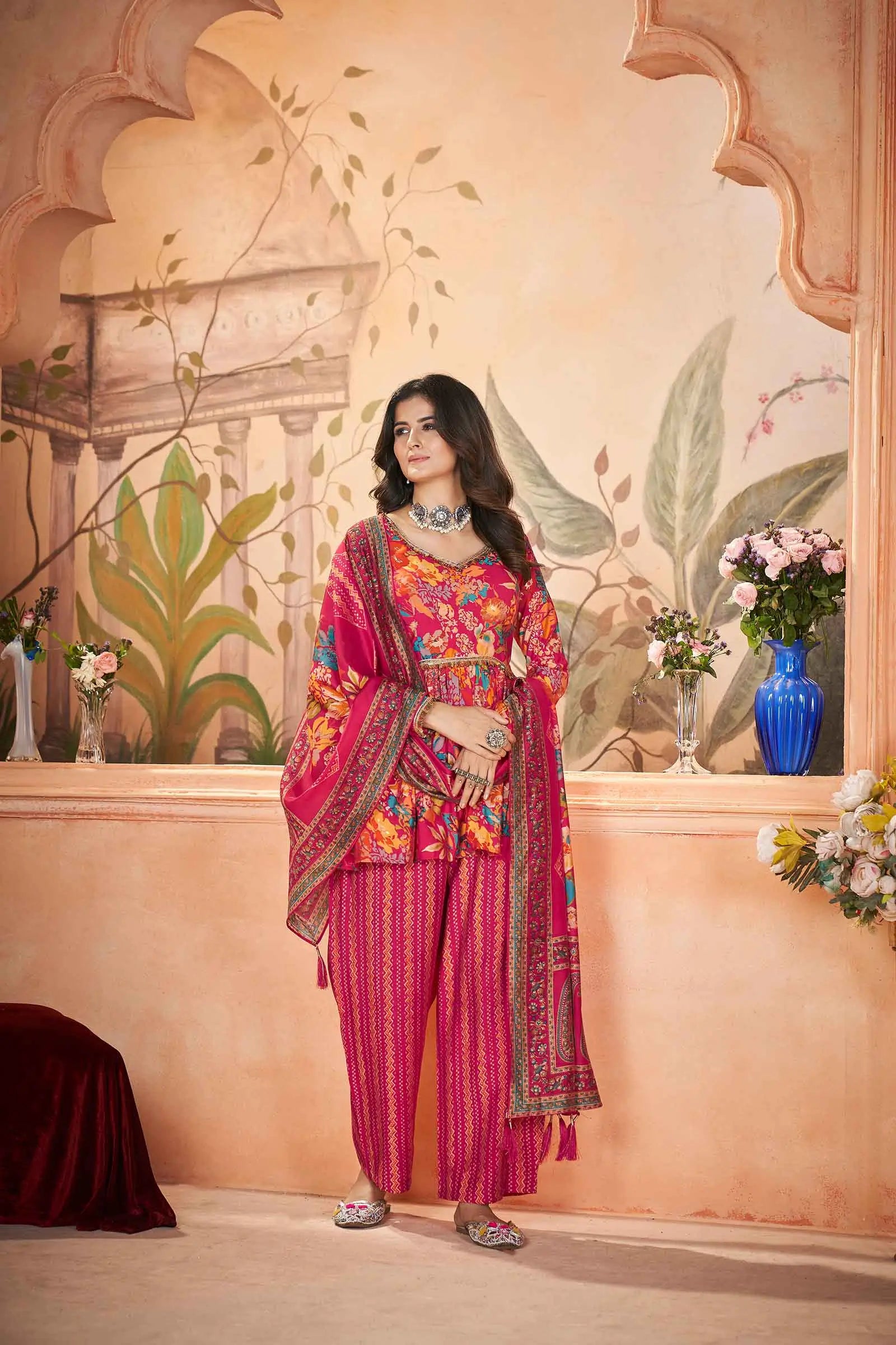 Rani Pink Digital Floral Print Silk Salwar Suit