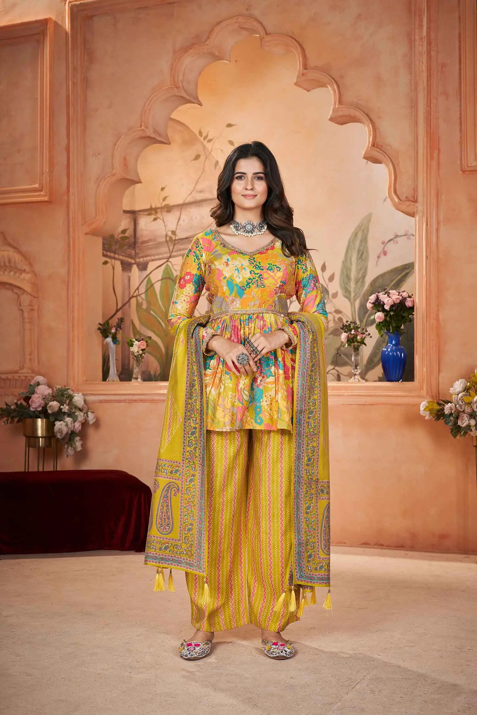Yellow Digital Floral Print Silk Salwar Suit