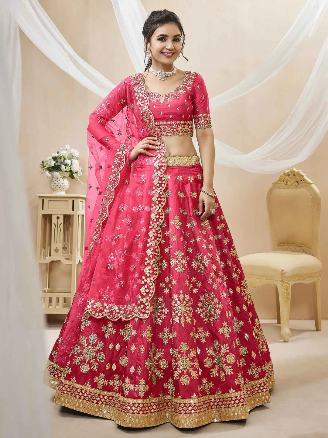 Pink Art Silk lehenga With Sequins Zari Embroidered Work | Ready To Wear - qivii