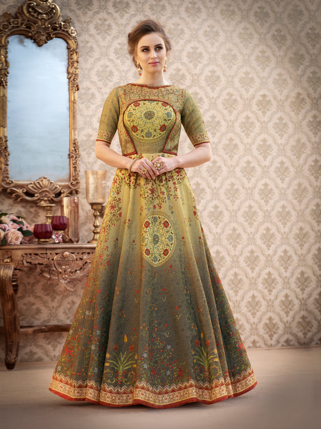 Graceful Grandeur: A Banarasi Jacquard Viscose Silk Gown - qivii