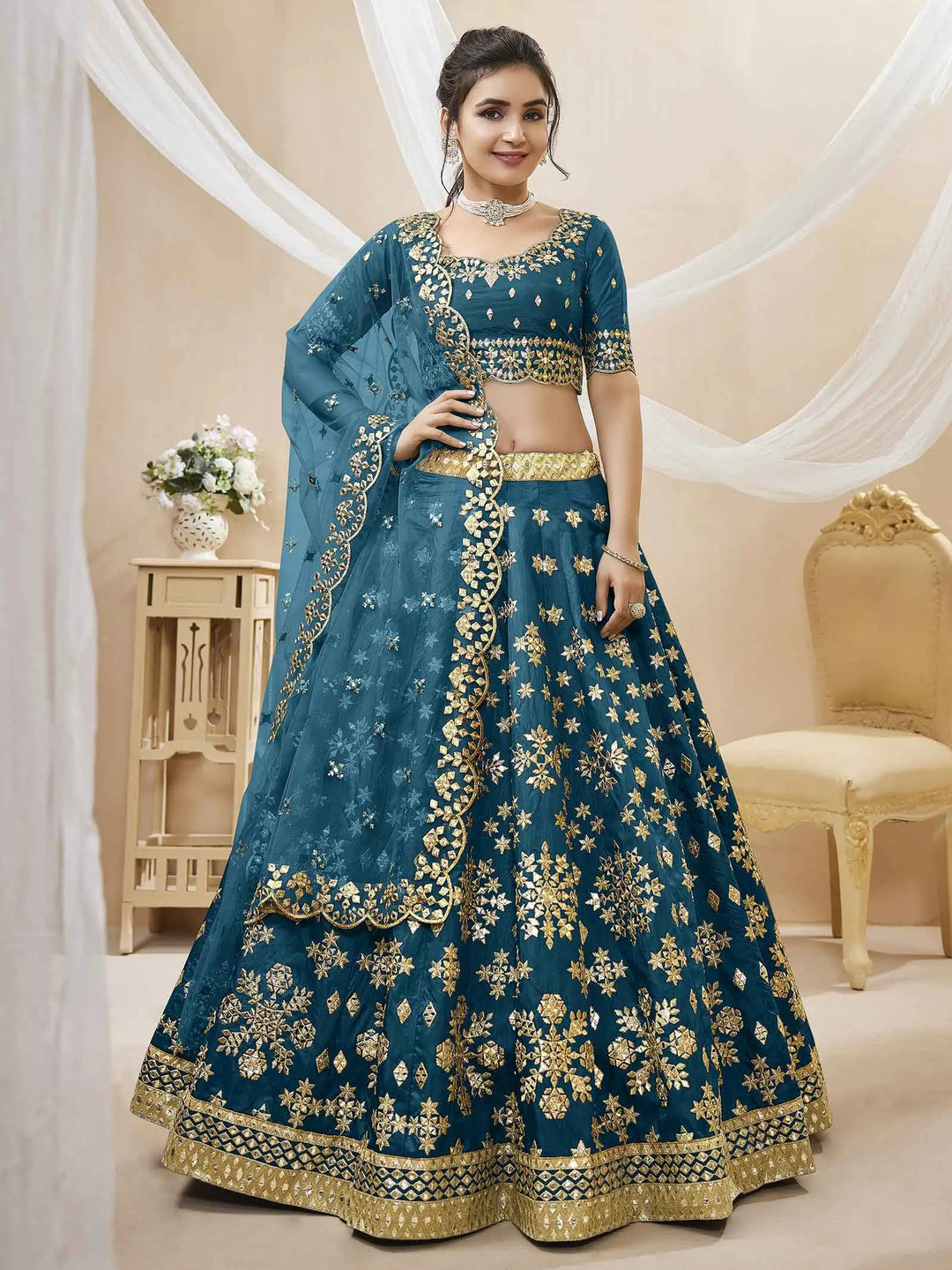 Teal Blue Art Silk lehenga With Sequins Zari Embroidered Work With Net Dupatta | Ready To Wear - qivii