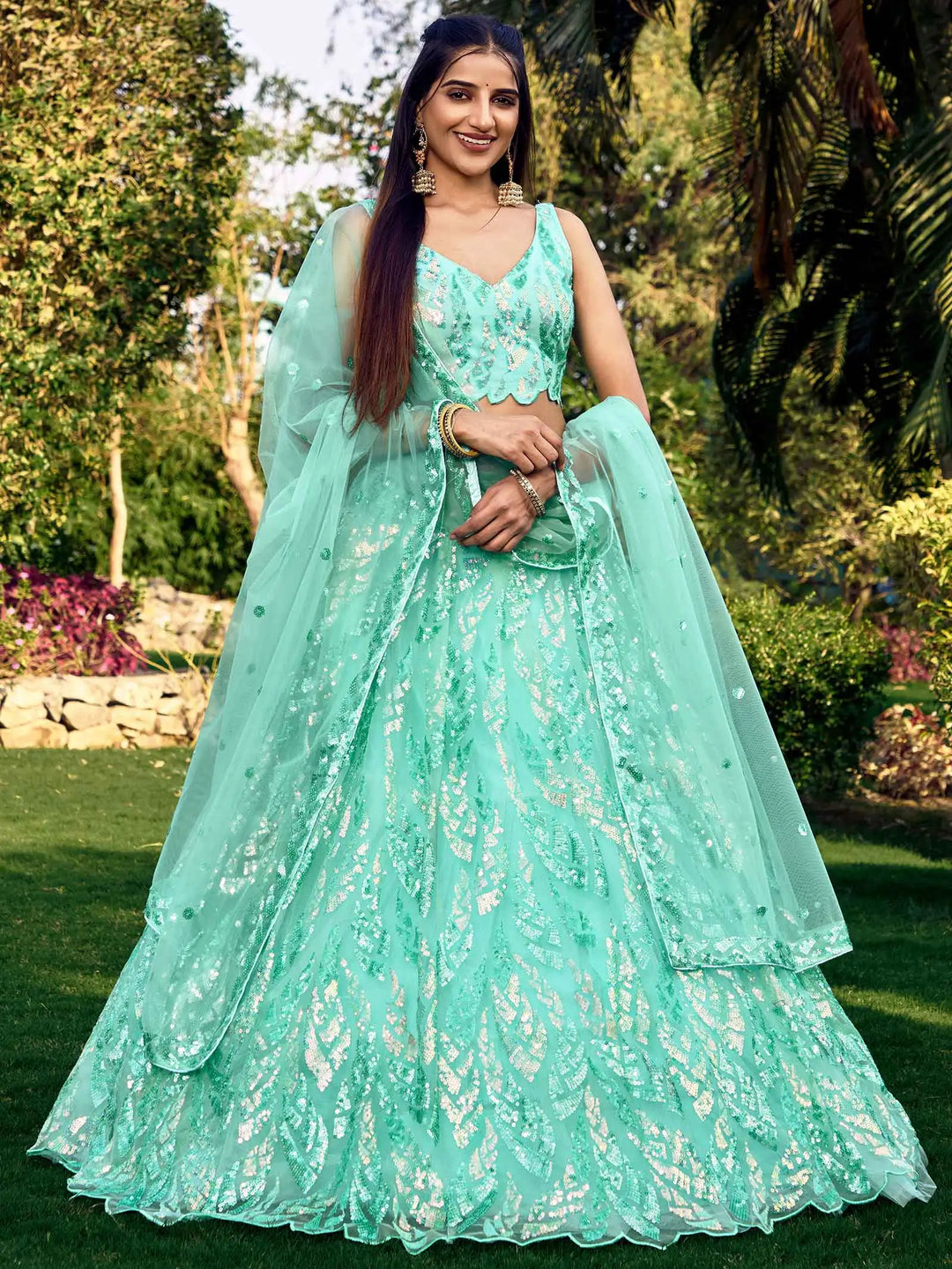 Sky Blue Soft Net Lehenga With Multiple Sequins And Thread Embroidery Work | Ready To Wear - qivii