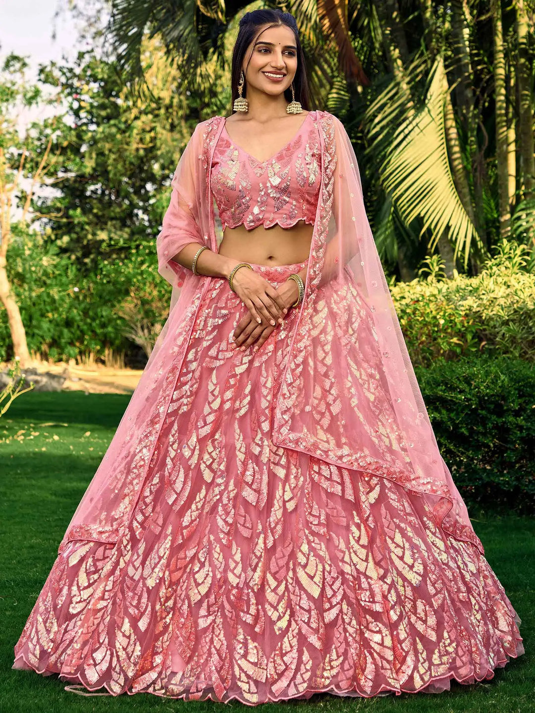 Pink Soft Net Lehenga With Multiple Sequins And Thread Embroidery Work | Ready To Wear - qivii