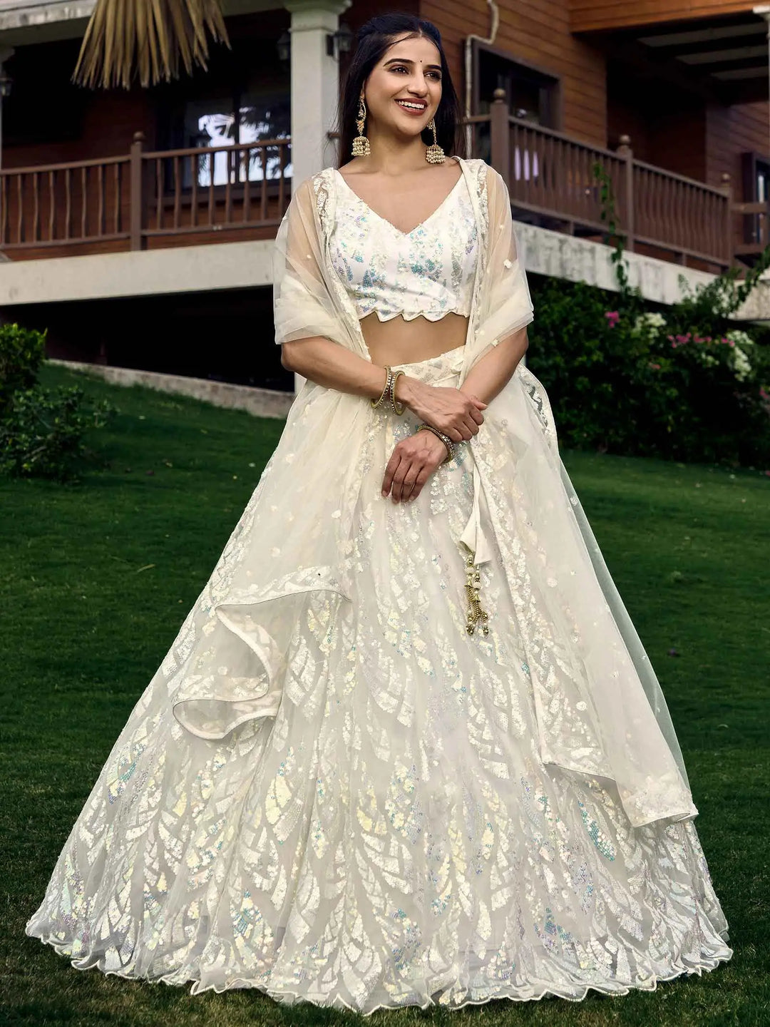 White Soft Net Lehenga With Multiple Sequins And Thread Embroidery Work | Ready To Wear - qivii