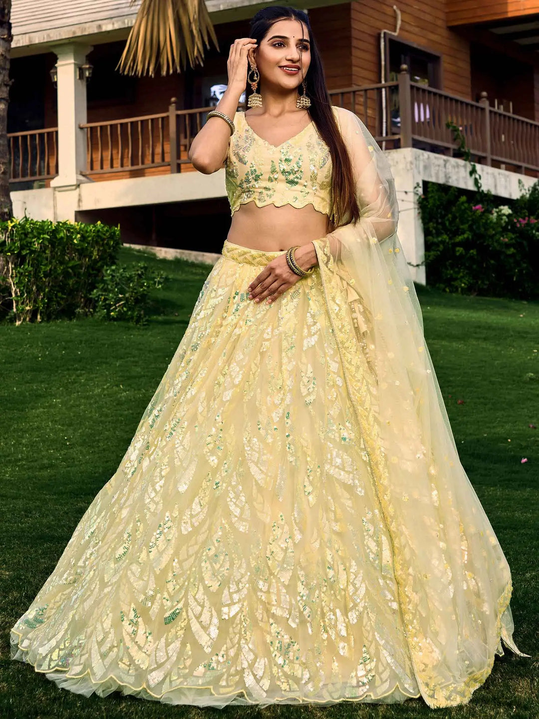 Yellow Soft Net Lehenga With Multiple Sequins And Thread Embroidery Work | Ready To Wear - qivii
