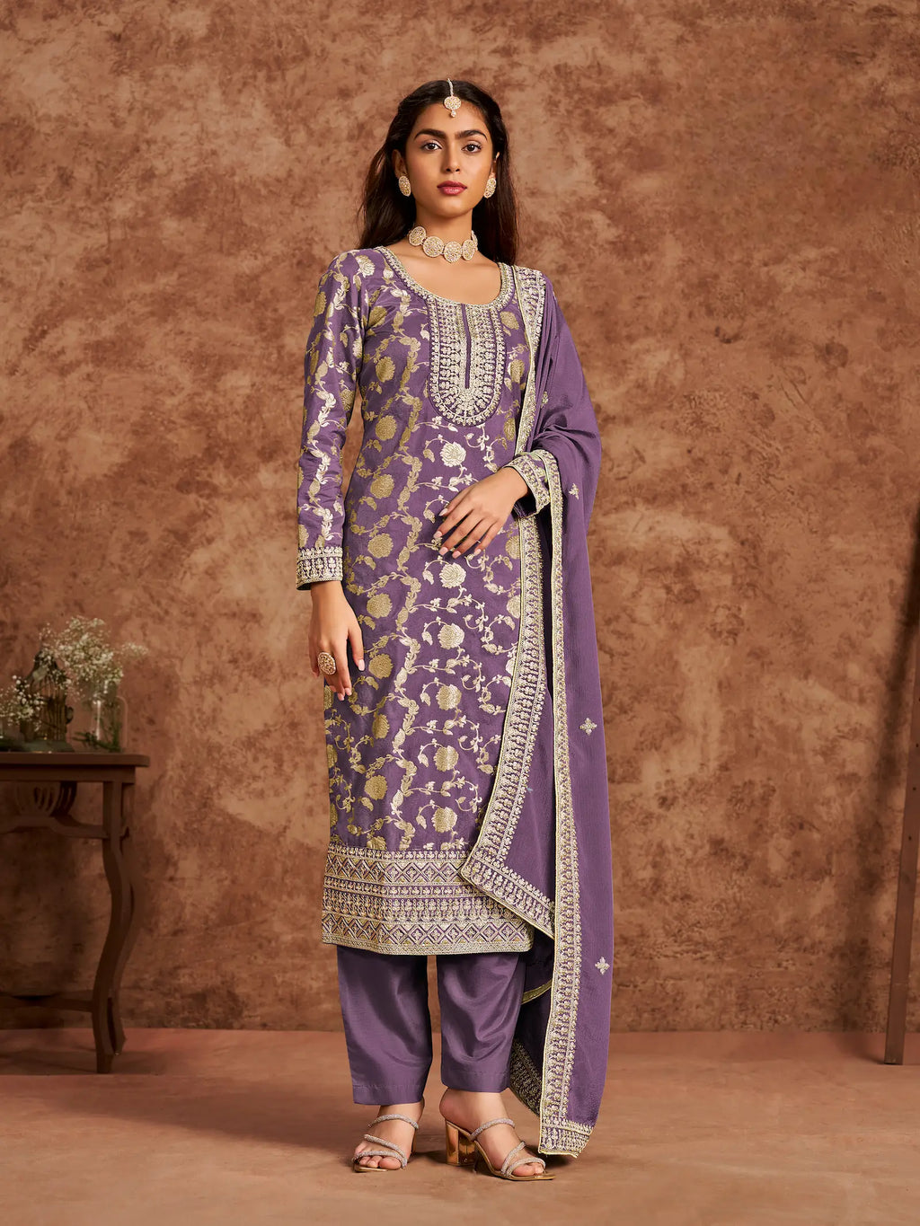 Purple Dola Silk Palazzo Salwar Suit With Thread & Sequins Embroidery Work