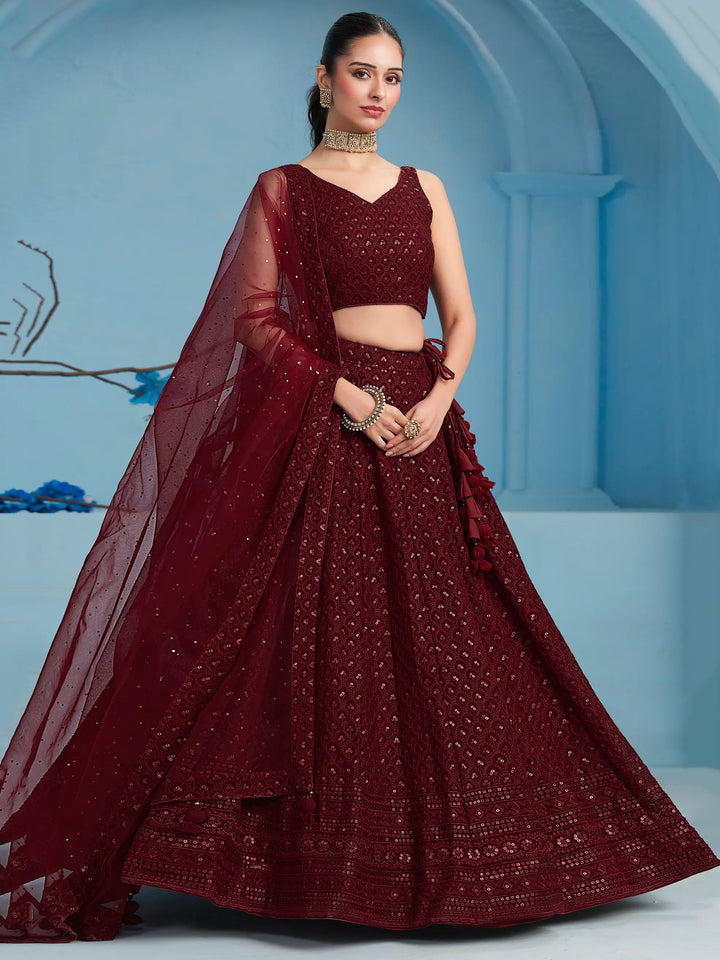 Maroon Designer Lehenga With Sequins Embroidery Work And Dupatta - qivii