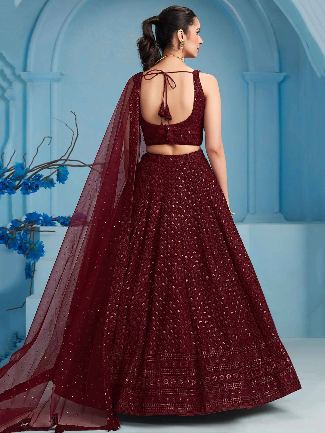 Maroon Designer Lehenga With Sequins Embroidery Work And Dupatta - qivii