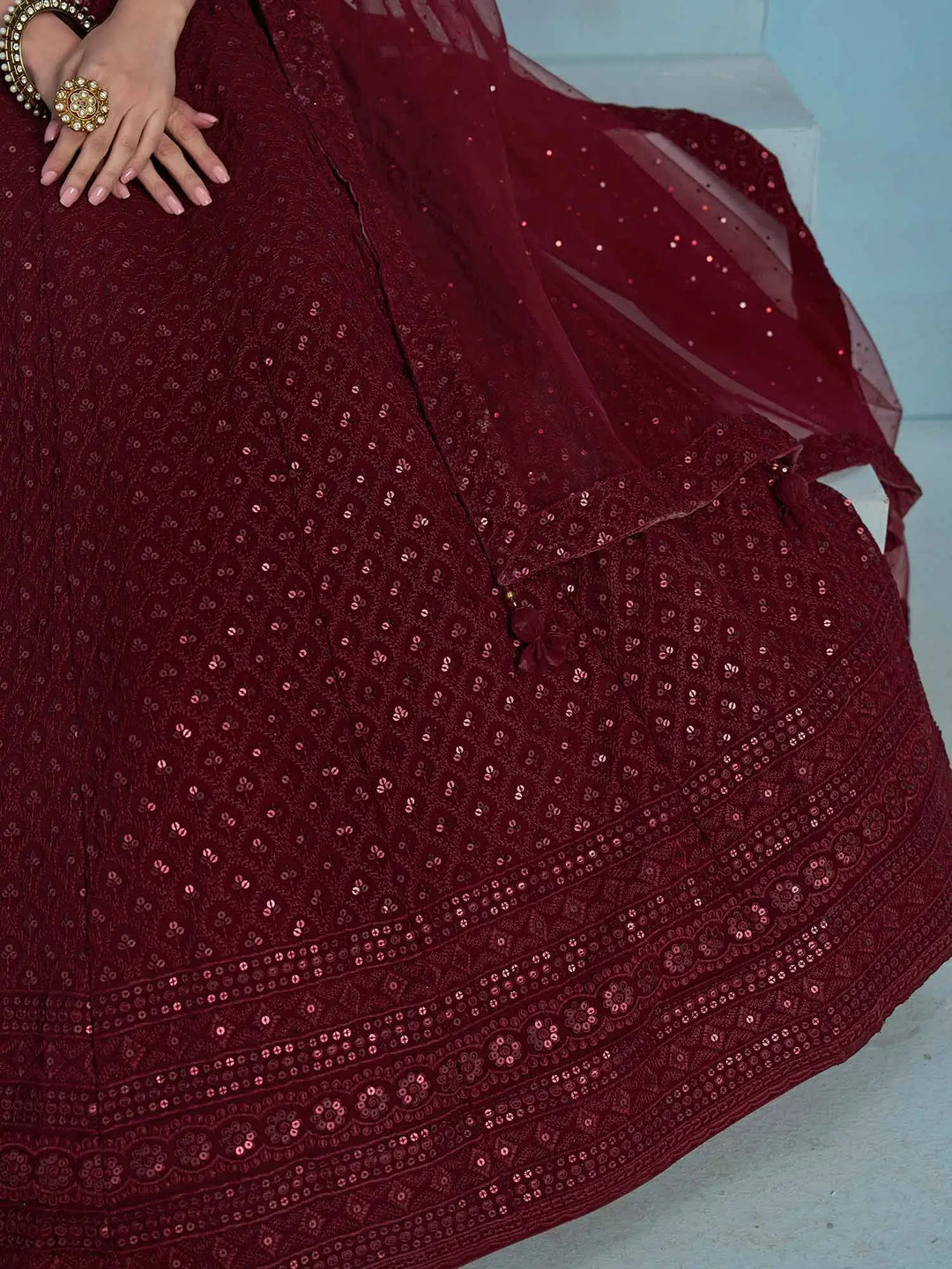 Maroon Designer Lehenga With Sequins Embroidery Work And Dupatta - qivii