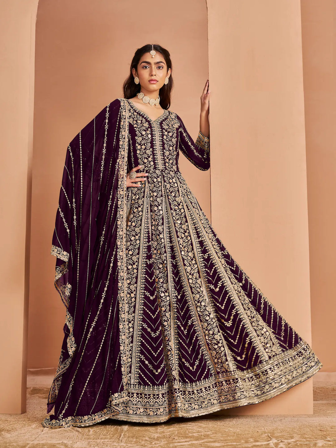Brown Georgette Gown With Sequence & Thread Embroidery Work - qivii