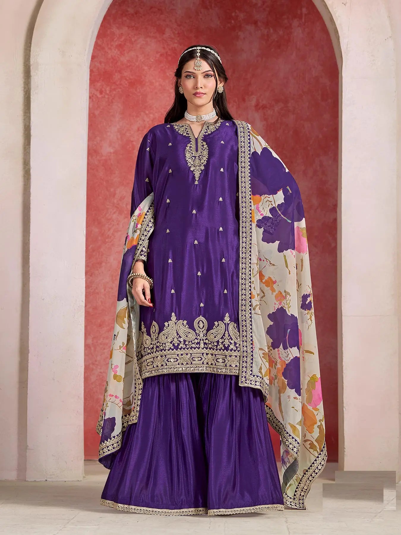 Purple Chinon Silk Sharara Set with Embroidered Top & Taby Silk Dupatta