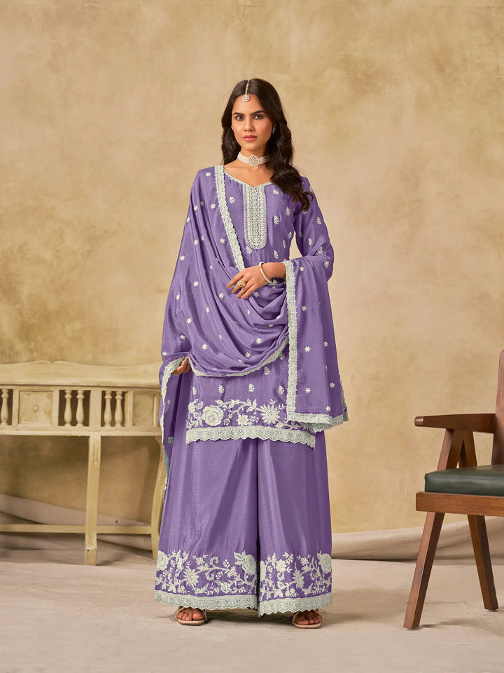 Lavender Chinon Embroidery Work Palazzo Suit - qivii