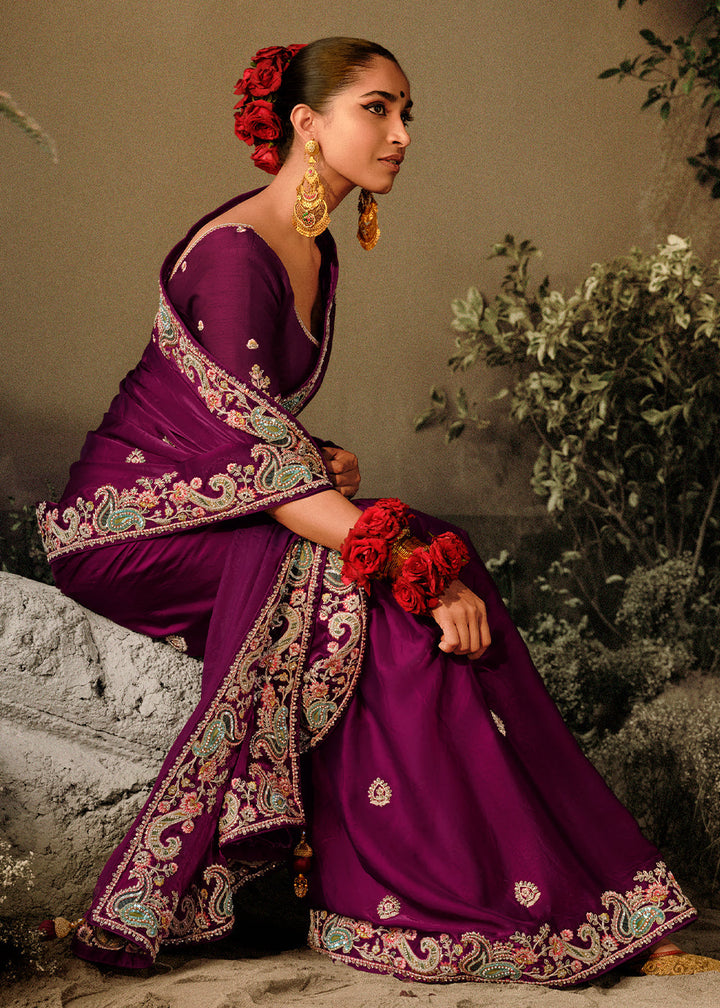 Mardi Gras Purple Dola Silk Saree with Hand Embroidery work - qivii
