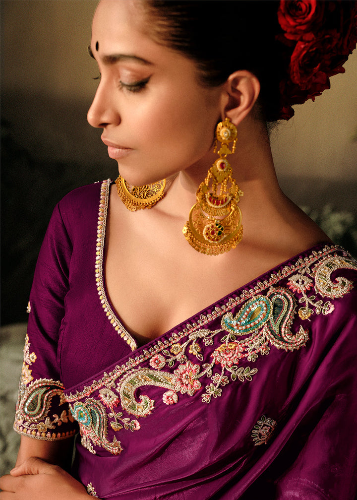 Mardi Gras Purple Dola Silk Saree with Hand Embroidery work - qivii